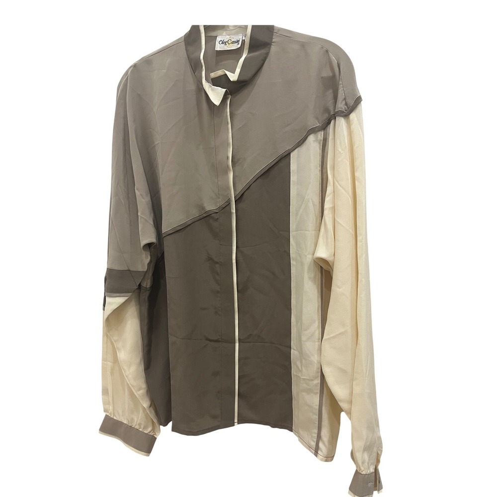 Oleg Cassini Silk Blouse Women 14 Taupe Colorblock Vintage Long Sleeve Excellent